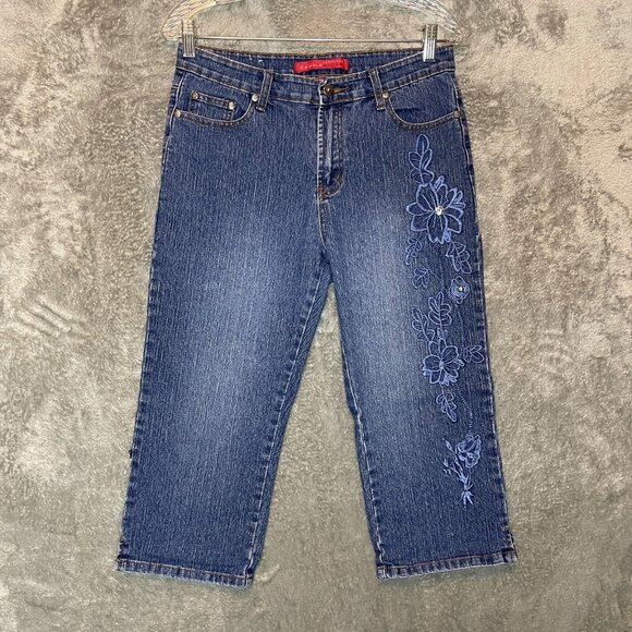 Women 90s Y2K Boho Vintage Wash Embroidered Floral Mid Rise Pedal Pusher Jeans 6 - Picture 2 of 12